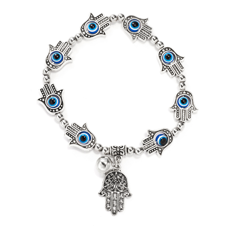 Antique Silver Plated Fatima Hand Evil Eye Charm Bracelet Stretch Bracelets with Small Bell
Antique Silver Plated Fatima Hand Evil Eye Charm Bracelet Stretch Bracelets with Small Bell