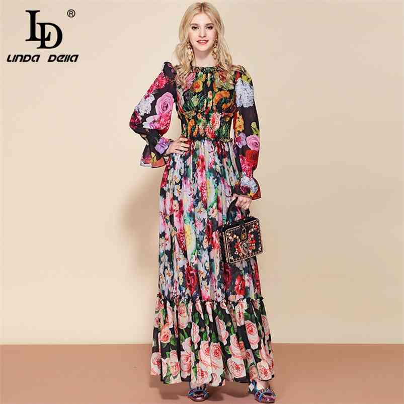 LD LINDA DELLA Fashion Runway Summer Long Sleeve Maxi Dres's elastic Waist Floral Print Elegant Party Holiday 210623