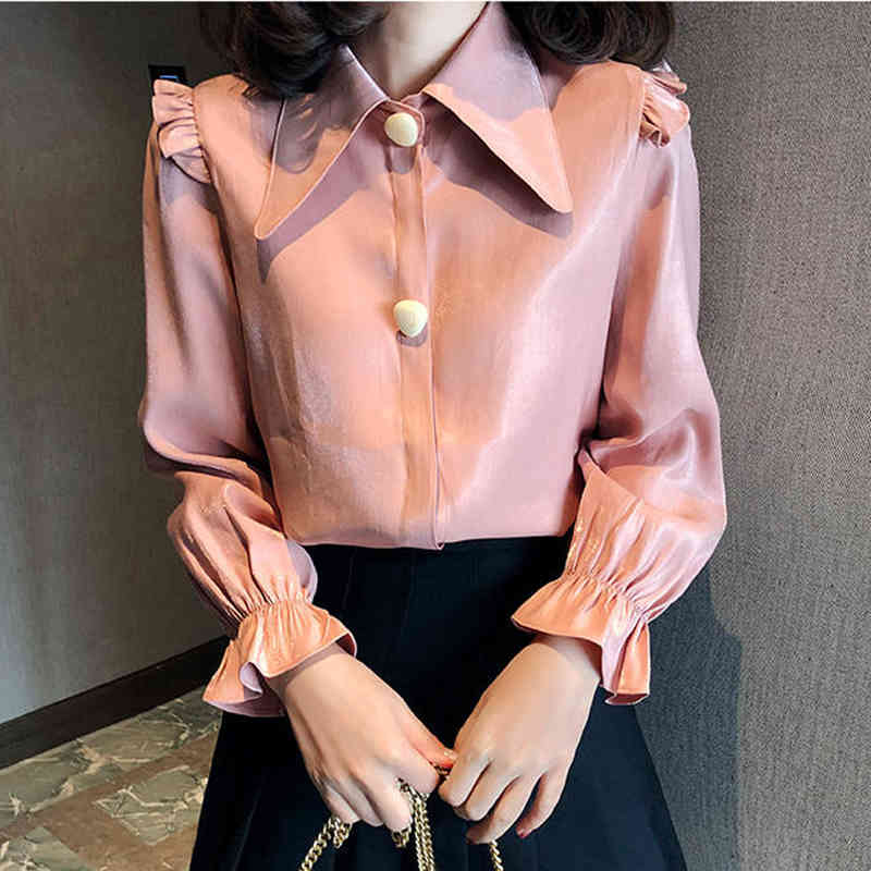 Arrival Autumn Korea Fashion Women Long Sleeve Loose Shirts Big Turn-down Collar Button Ol Lady Blouse Top Quality S229 210512
