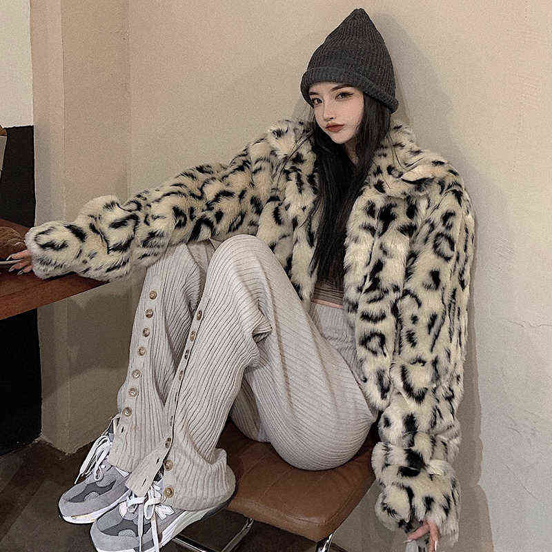 Lucyever Fashion Leopard Short Furry Jacket Womens Spring Keep Warm Faux Fur Coat Woman Korean Turn-down Collar Plush Coats 211123
