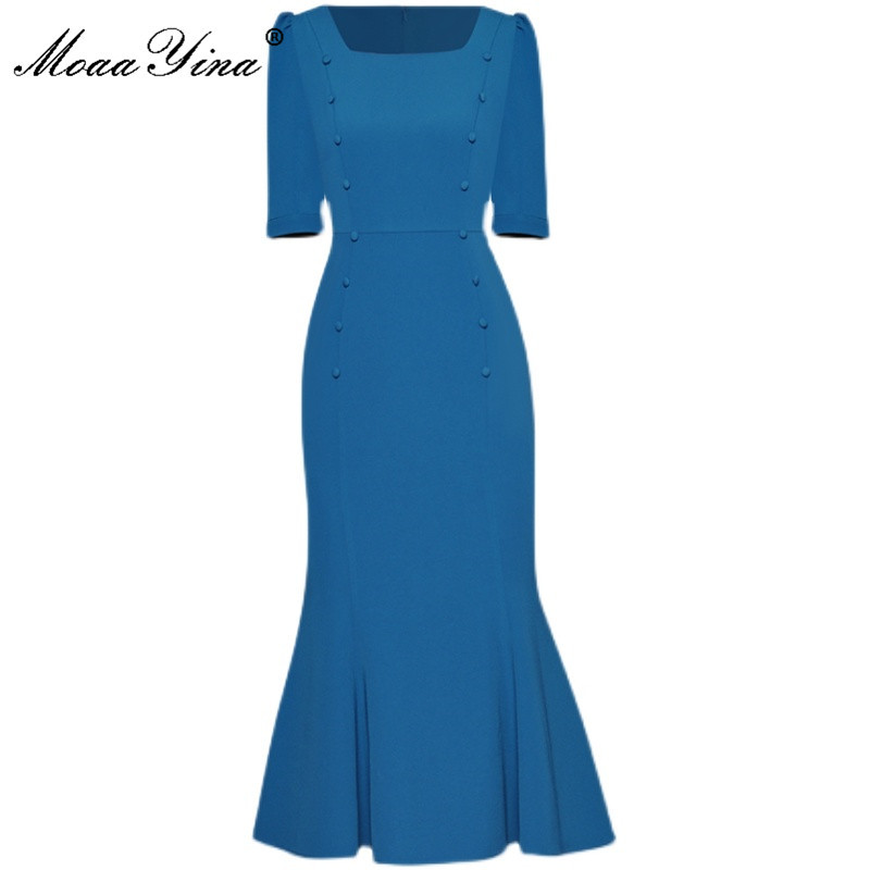 Summer Runway Fashion Party Mermaid Dresses Women Square collar Short sleeve Button Slim Blue/Red Midi Dress 210524
Summer Runway Fashion Party Mermaid Dresses Women Square collar Short sleeve Button Slim Blue/Red Midi Dress 210524