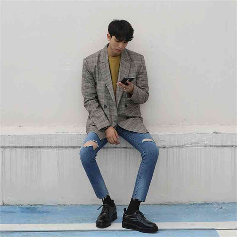 IEFB Men's Vintage Suit Coat Korean Fashion Casual Loose Grey Blazers Spring Double Breasted Long Sleeve Coats 9Y5304 210524