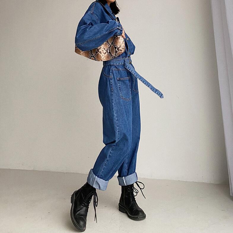 CHIC Spring Safari Denim COOL Women Jumpsuits Buckle Belt Sashes Long Sleeve Bodysuits Pants Jeans Romper Playsuits 210429