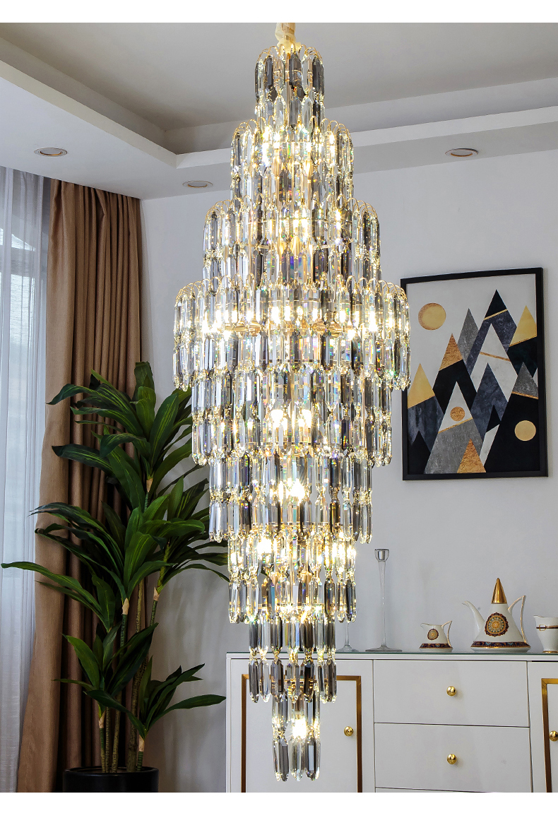 LED Modern Smokey Gray Crystal Chandeliers Lights Fixture American S-golden Big Long Chandelier European Home Villa Hotel Stairway Indoor Lighting Hei
