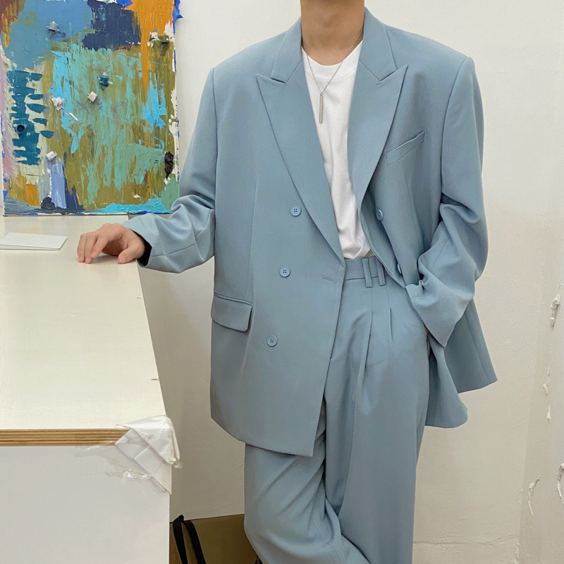 IEFB Spring Men's Casual Suit Coat Korean Streetwear Fashion Nochted Collar Long Sleeve Oversized Blue Blazers 9Y6936 210524