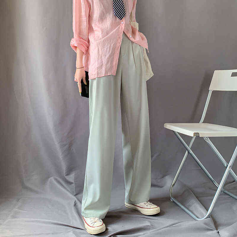 Seoulish Summer Autumn Ice Silk Women Wide Leg Pants High Waist Elegant Long Work Casual Loose Trousers Female 211115