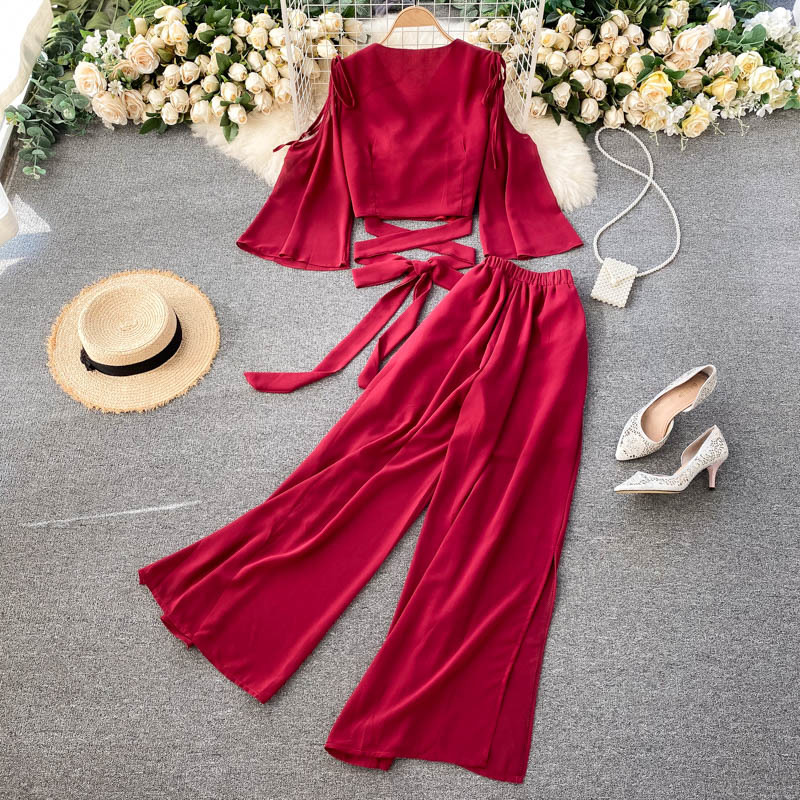 Bandage Cropped Cardigan Blouse Women Two Pieces Set Wide Leg High Waist Pants Female Summer Elegant Solid Suit Outfits 210519