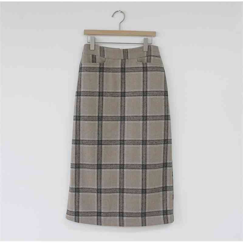 Vintage plaid Women Skirts Autumn Pencil MI-long Skirt Female Warm Thick Winter Mujer winter women skirt maxi 210619
