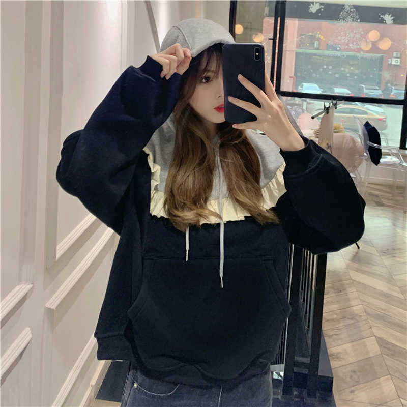 Korean Hit Color Ruffle Patchwork Hooded Sweatshirt Causal Long Sleeve Women Hoodies Thick Top Jumpers 6F165 210603