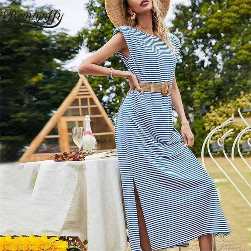 O-Neck Casual Knit Striped Dresses Summer Women Fashion Sleeveless Beach Style Split Long Dress Without Belt 210510