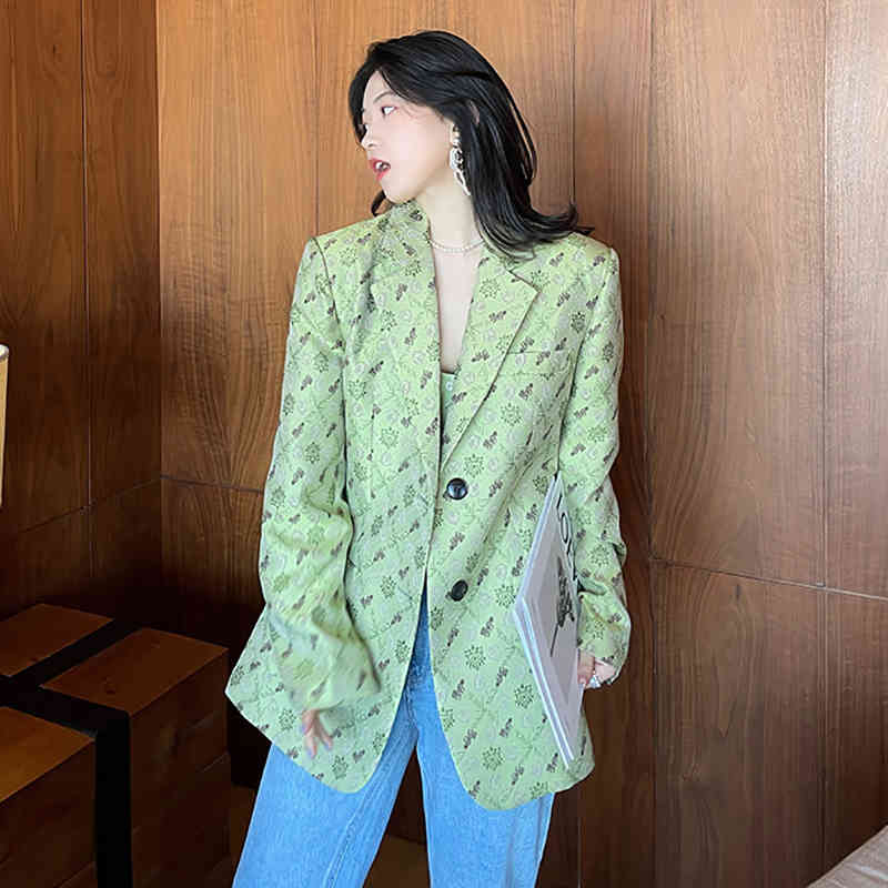 temperament Green Jacquard blazer women's spring autumn notched loose single breasted long sleeve suit coat 210427