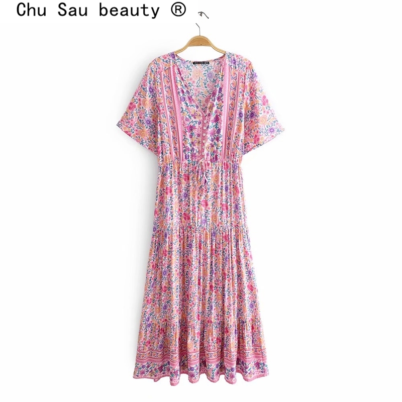beauty Fashion Boho Pink Floral Print Midi Dress Women Beach Chic Vintage Long Dresses Female Summer Holiday Wear 210514