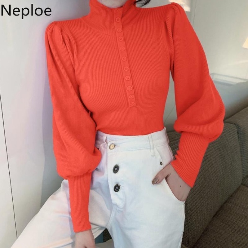 Neploe Turtleneck Solid Color Sweater Women Single Breasted Puff Sleeve Knitted Pullovers Sueter Mujer Slim Sweet Jumper Tops 210422