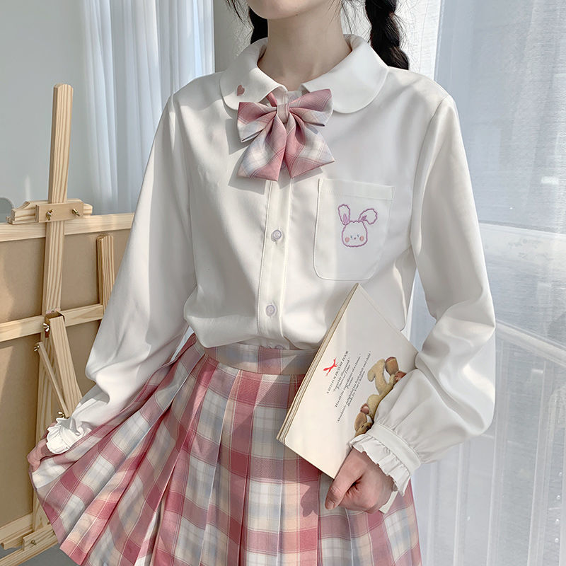 Japan Kawaii Chiffon White Blouse Women Autumn Long Sleeve Rabbit Embroidery Shirts Lolita Style Tops Clothes Schoolgirl 210317