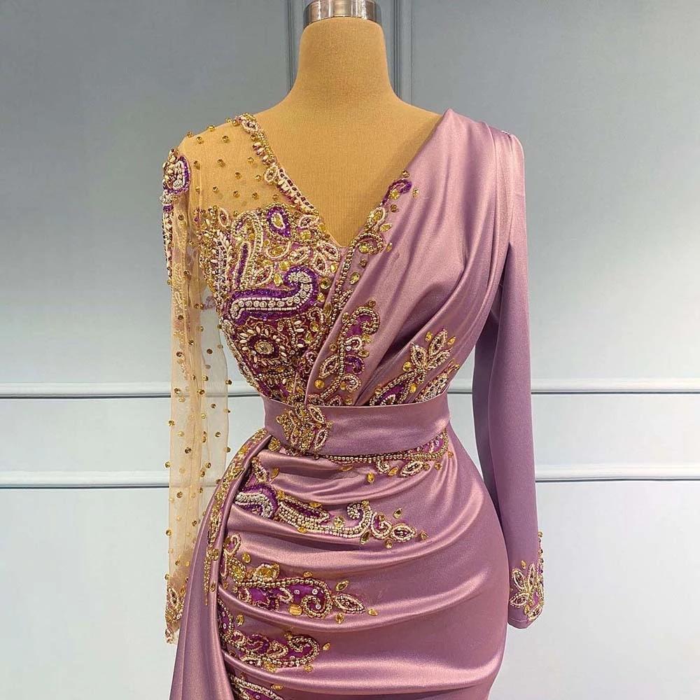 Lavender Mermaid Evening Dresses 2022 Sheer V Neck Appliqued Beaded Long Sleeve Formal Prom Party Second Reception Gowns