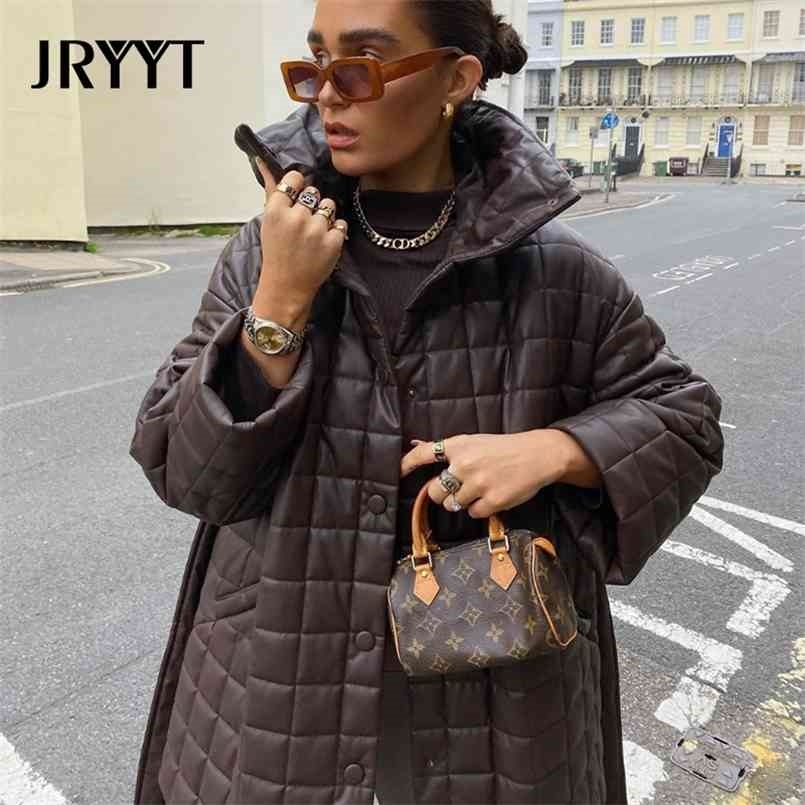 JRYYT PU Leather Oversized Belted Coats Women Winter Button Cotton Padded Parkas Mujer Office Lady Pocket Jackets Femme 210819