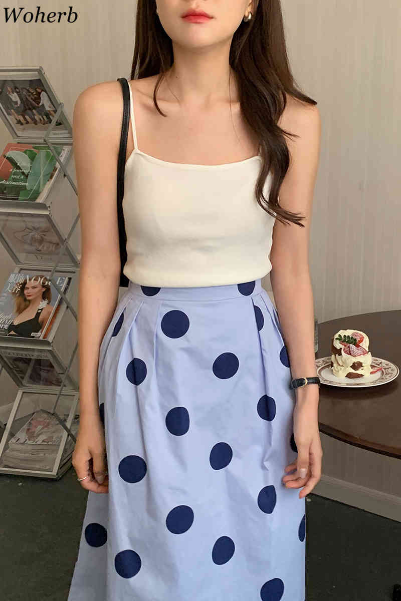 Chic Two Piece Set Women White Sling Crop Tops High Waist Polka Dot Skirt Korean Suit Ropa Mujer 2 for Woman 210519