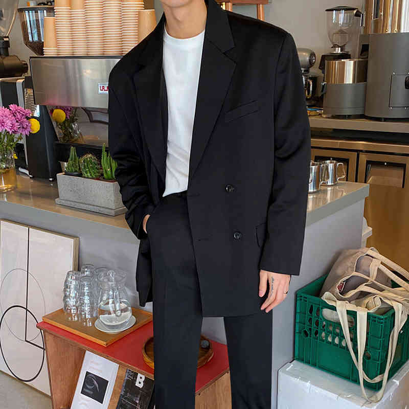 IEFB /men's wear loose suit coat male's autumn Korean style trendy double-breasted Western blazers black tops 9Y4083 XL size 210524
