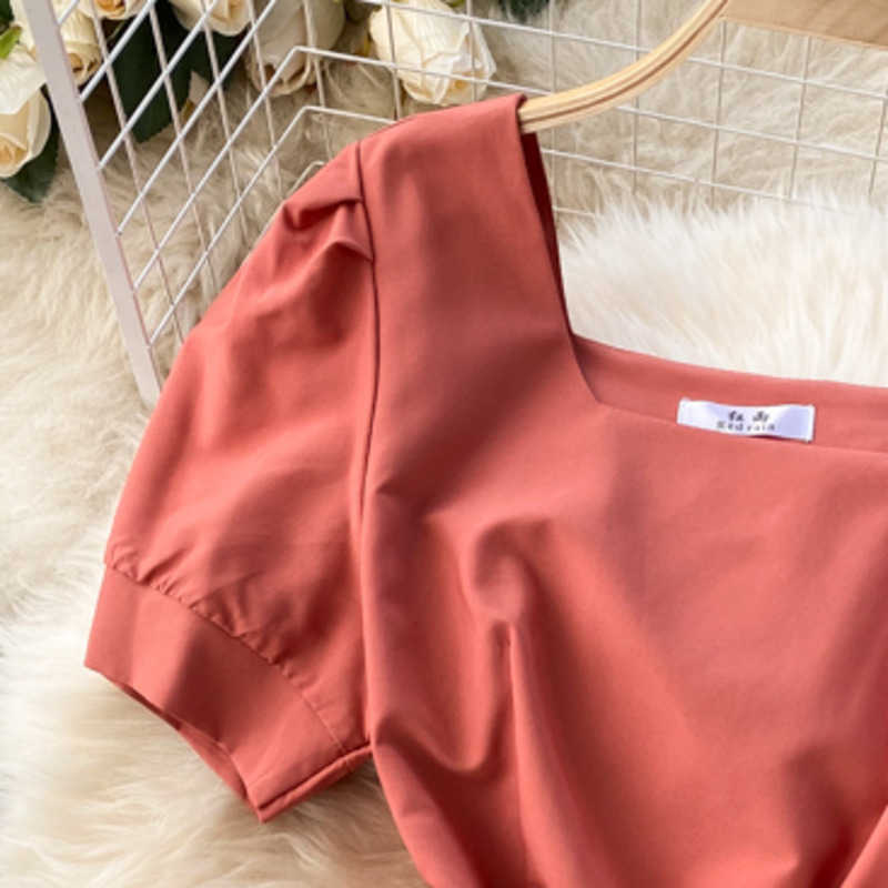 DEAT Summer Arrivals Solid Color Short Sleeve Square Collar High Waist Slim Pleated A-line Midi-Long Dress MZ693 210709