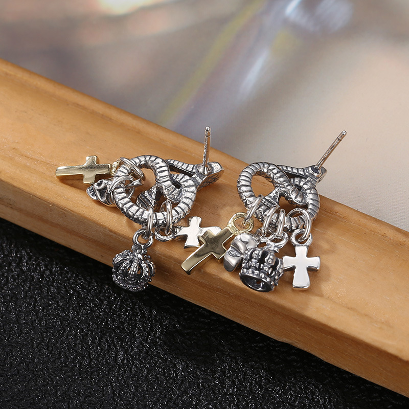 925 sterling silver snake stud earrings handmade cross crown skeleton charms American European punk Gothic designer vintage luxury fine jewelry ear ac