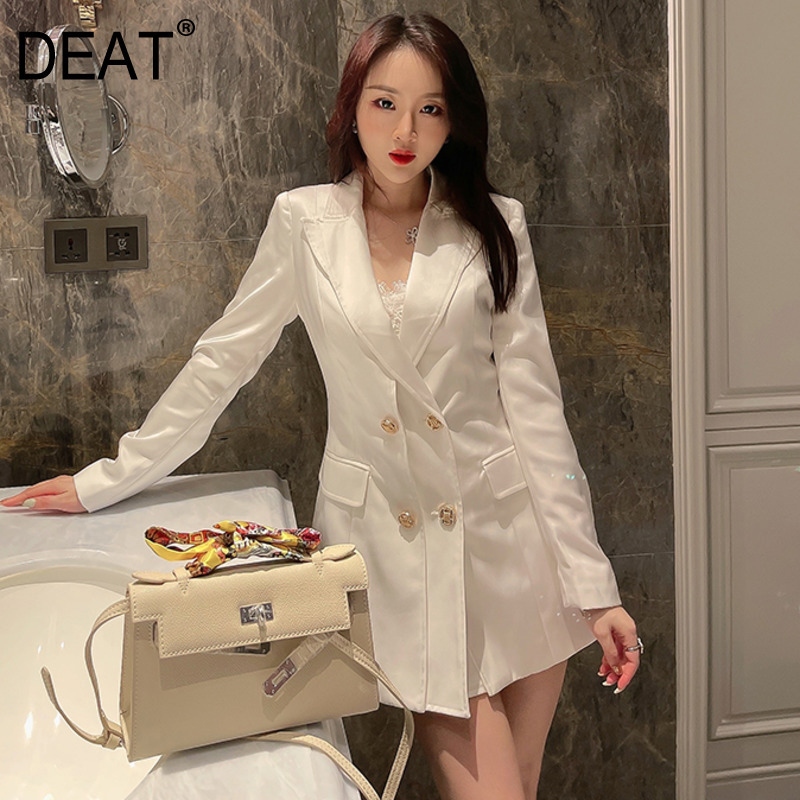 DEAT Women White Pockets Double Breasted Blazer New Turn-down Collar Long Sleeve Slim Fit Jacket Fashion Tide Summer 7E0380 210428