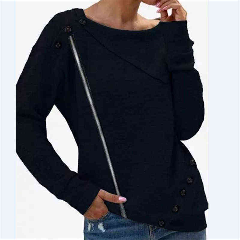 Autumn Winter Women Fashion Zipper Button Clothing Lady Round Neck Solid Color Long Sleeve Blouse ity Loose Casual Top 211108