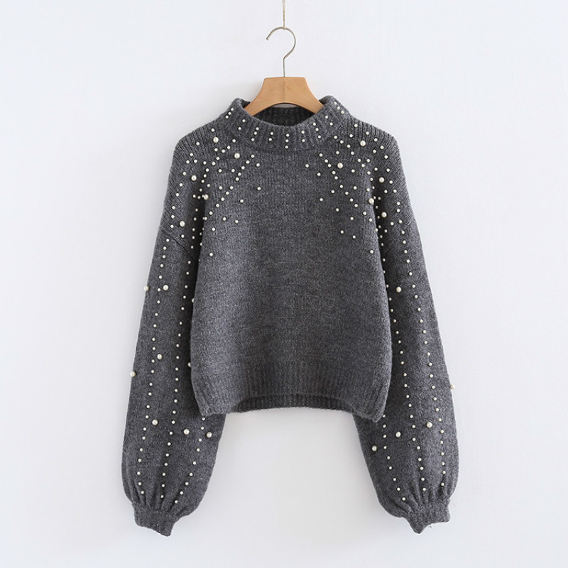 winter warm Pearls beads sweaters women's lantern sleeve knitted turtleneck Loose pullover female grey for women 210428