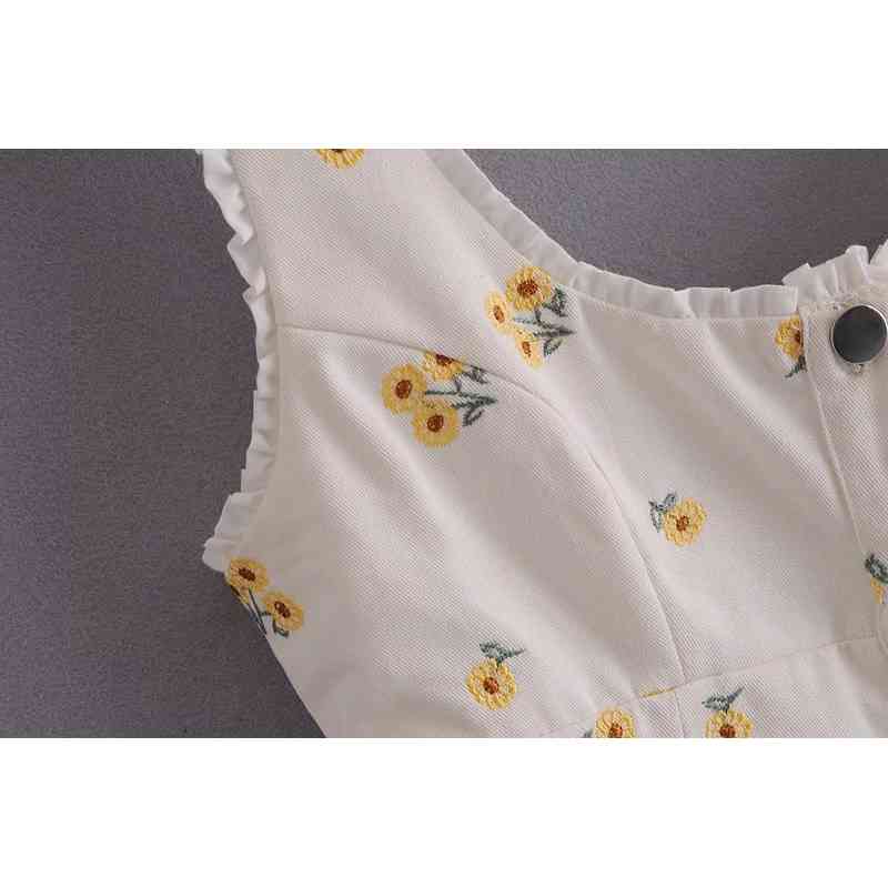 Women Sun Flower Print Sleeveless Mini Dress White Sweet Spliced Wood ears Ruffles Front Center Button Slim fit Tank Party 210429