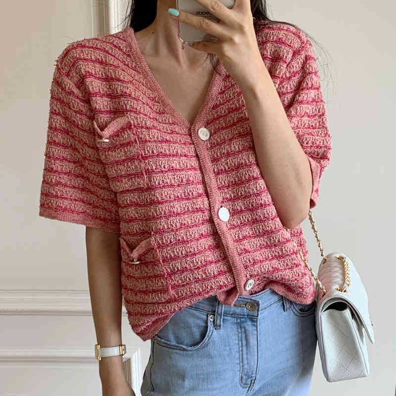 Women Sweater Summer Korean Chic Retro Temperament V-Neck Multi-Pocket Loose Button Short-Sleeved Knitted Cardigan 210514