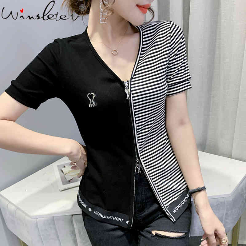Women's T-Shirt Summer European Clothes Cotton Stretchy Sexy Fashion Patchwork Zipper Women Tops Short Sleeve All Match Tees T1480, Black stripes
Women's T-Shirt Summer European Clothes Cotton Stretchy Sexy Fashion Patchwork Zipper Women Tops Short Sleeve All Match Tees T1480, Black stripes