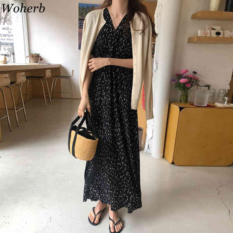 Korean Chic Maxi Dress Women Summer Short Sleeve V Neck Floral Printed Vestidos Elegant Loose High Waist Vintage Dresses 210519