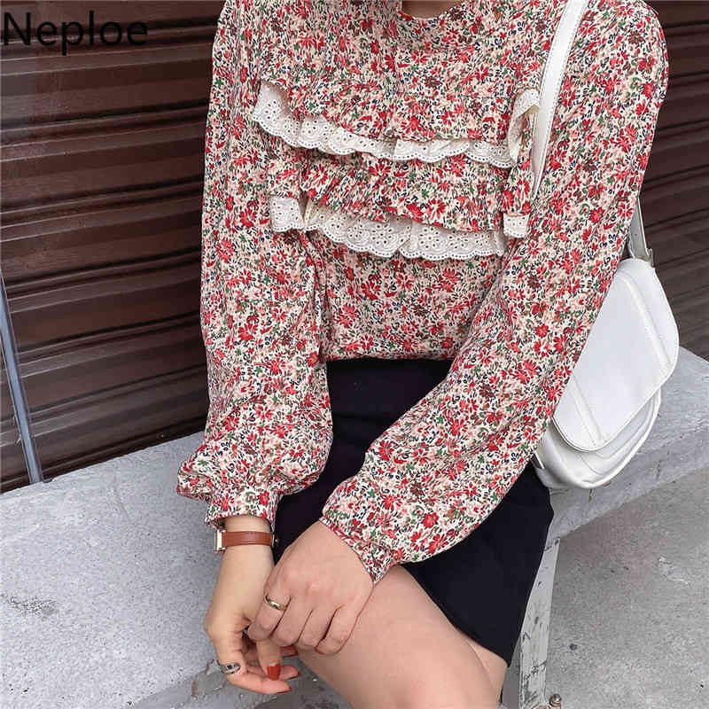Neploe Korean Chic Vintage Shirt Stand Neck Loose Floral Blouses Women Lace Patchwork Ruffles Blouse Blusas Mujer De Moda 210422