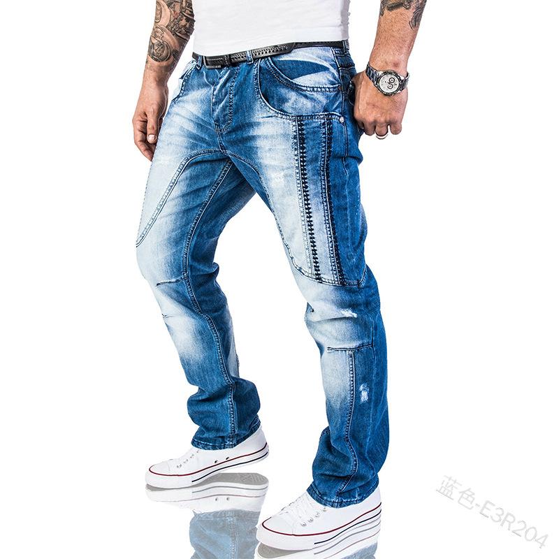 Solid Color Jeans Men's Casual Patchwork Pocket Denim Spring Low Waist Zipper Button Pleated Straight Pants