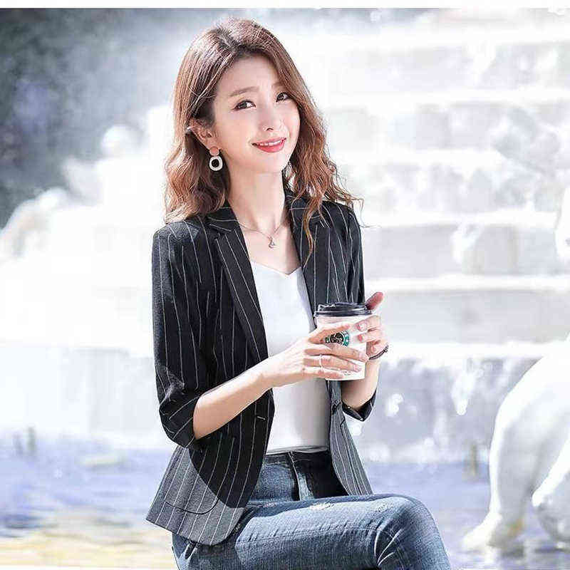 Spring Summer Women's Jacket Black White Striped Fashion Jackets Suit Three Quarter Sleeve Single Button Female Coat 211122