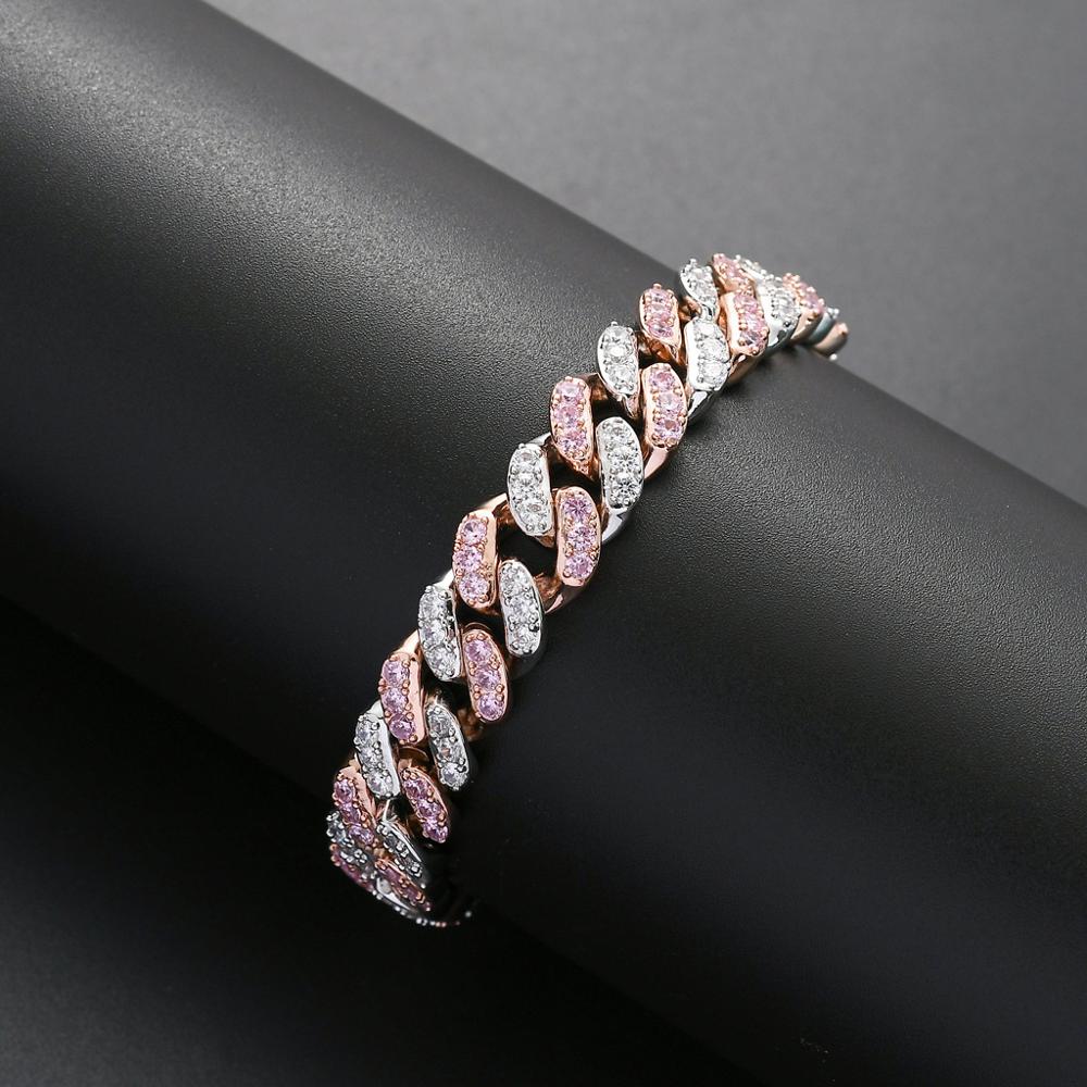 Wolf Tide Fashion Charms Hip Hop Cuban Link Chain Bracelet Mens Iced Out Pink Crystal cz Zircon Bangle Jewelry for Men Women Curb Chains Bracelet Part
