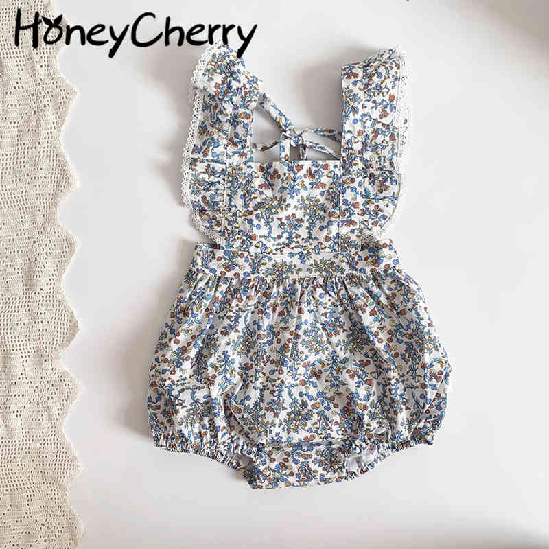 spring and summer girls cotton floral lotus leaf jumpsuit baby romper bow overalls girl clothes 210515
