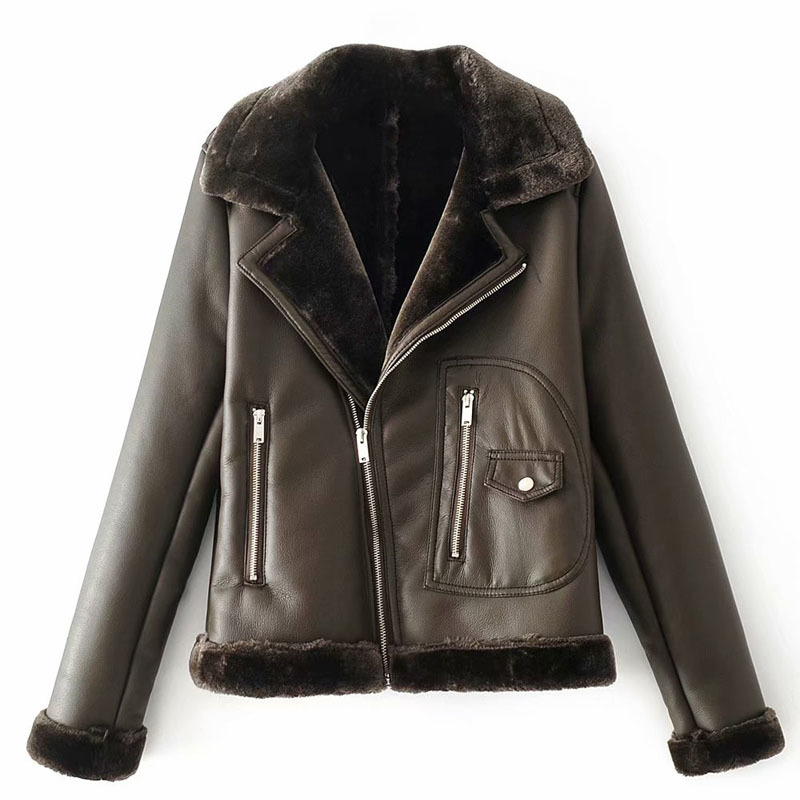 PU Warm Fur Long Sleeve Lapel Thickening Motorcycle Women's Jacket Winter Belt Chic Zipper Black Female Coat Green Tops 210507