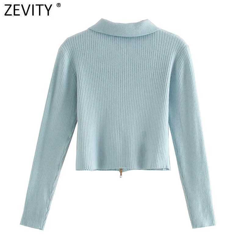 Zevity Women Fashion Solid Turn Down Collar Double Slider Zipper Knitting Sweater Femme Long Sleeve Chic Cardigan Coat Tops S486 210603