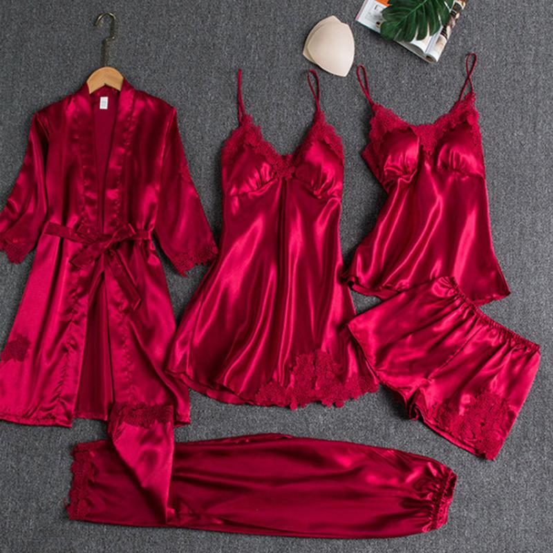 Women's Sleepwear 5pcs Kimono Robe Gown Satin Pajama Set Women Pour Femme Lace Trim Intimate Lingerie Loungewear V-neck Bathrobe Suit