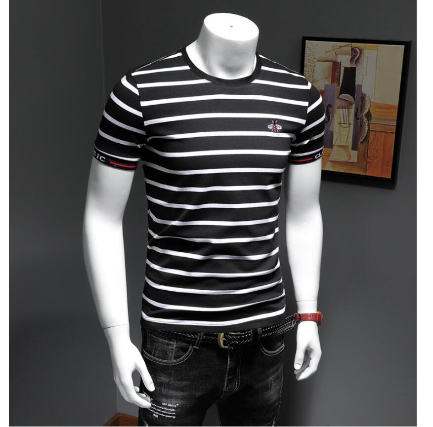 European station men's bee embroidery T-shirt 2021 summer striped men's short-sleeved T-shirt men's net red half-sleeved top