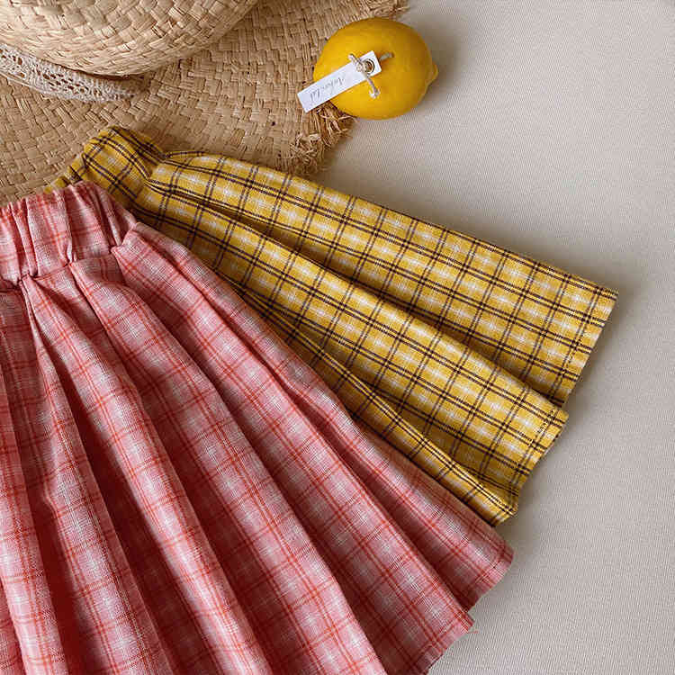 Summer cute girls fashion plaid pleated skirts kids cotton 2 colors skirt 210508