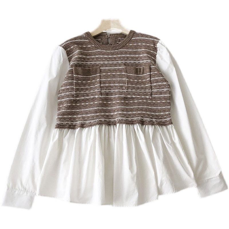 Nomikuma Stripe Patchwork Pockets Women Blouses Causal Long Sleeve O-neck Doll Shirt Spring New Korean Pullover Tops 6E095 210427