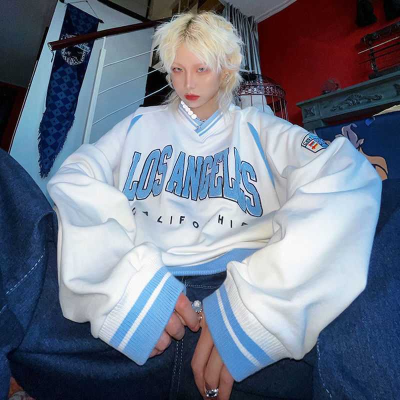 Korean Fashion Green Vintage Letters Embroidered Crewneck Sweatshirt Womens Winter Tops Oversized Streetwear Pullover