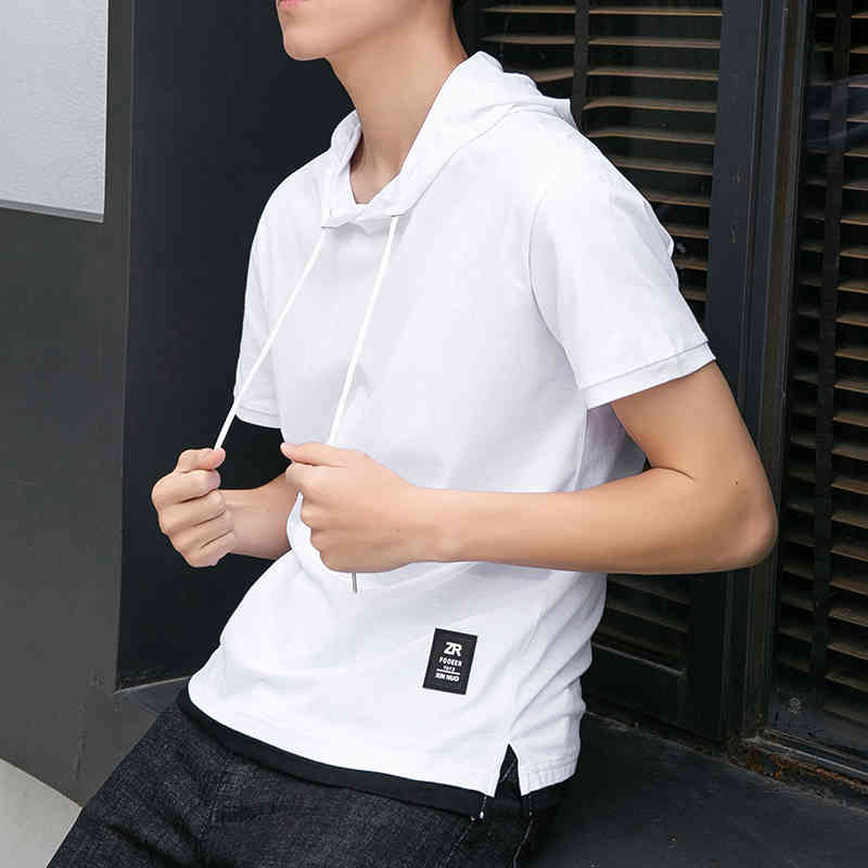 T-shirt with Hood Summer Hooded Short Sleeve Slim Fit Tops Fashion Streetwear T Shirt Male Casual Men's Cotton T-shirt 210518