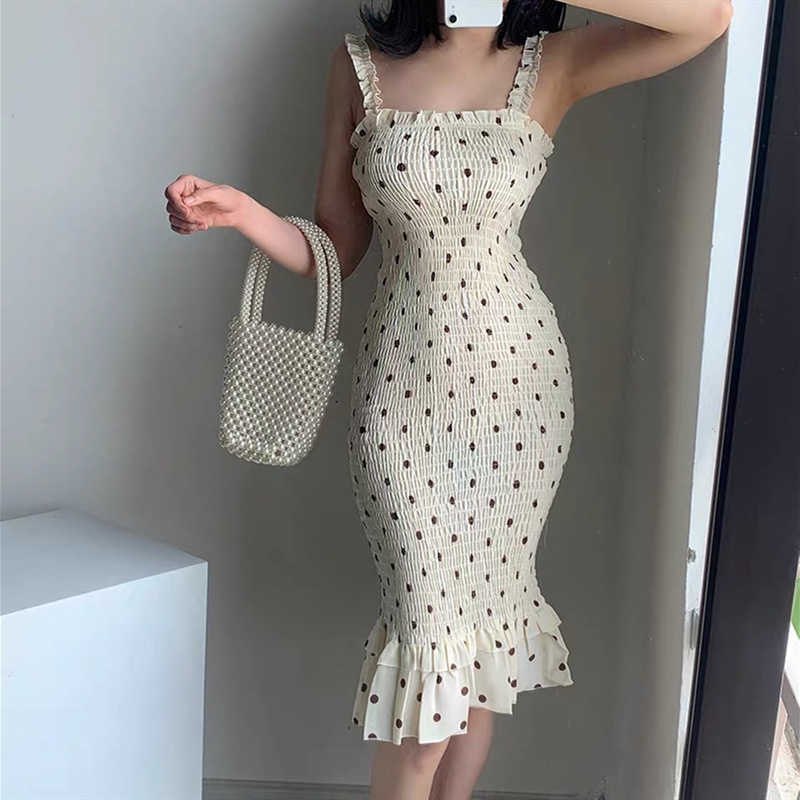 Summer pastoral storm point strap dress strapless sleeveless slim waist fishtail dress Midi dress chiffon 210630