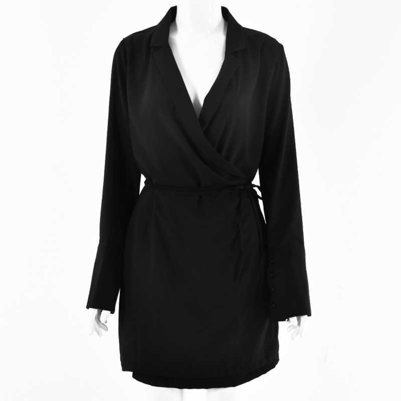 DEAT Women Belt Black Dress V-Neck Long Sleeve Arrivals Lady Temperamnet Fashion Spring Summer 11D1355 210709