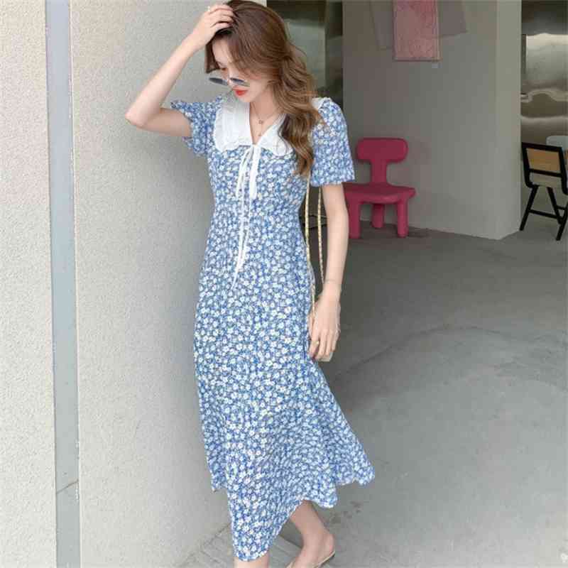 Summer Boho Dress Women's Vintage Sweet Bow Peter Pan Collar Floral Print Chiffon Casual Midi Robe Vestidos 210519