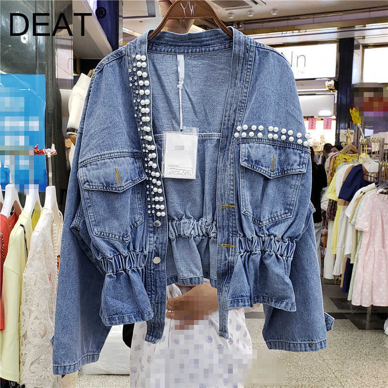 DEAT Women V-neck Beaded Personality Streetwear Denim Coat Long Sleeve Fashion Temperament Spring Autumn 11D2001 210709, Blue
DEAT Women V-neck Beaded Personality Streetwear Denim Coat Long Sleeve Fashion Temperament Spring Autumn 11D2001 210709, Blue