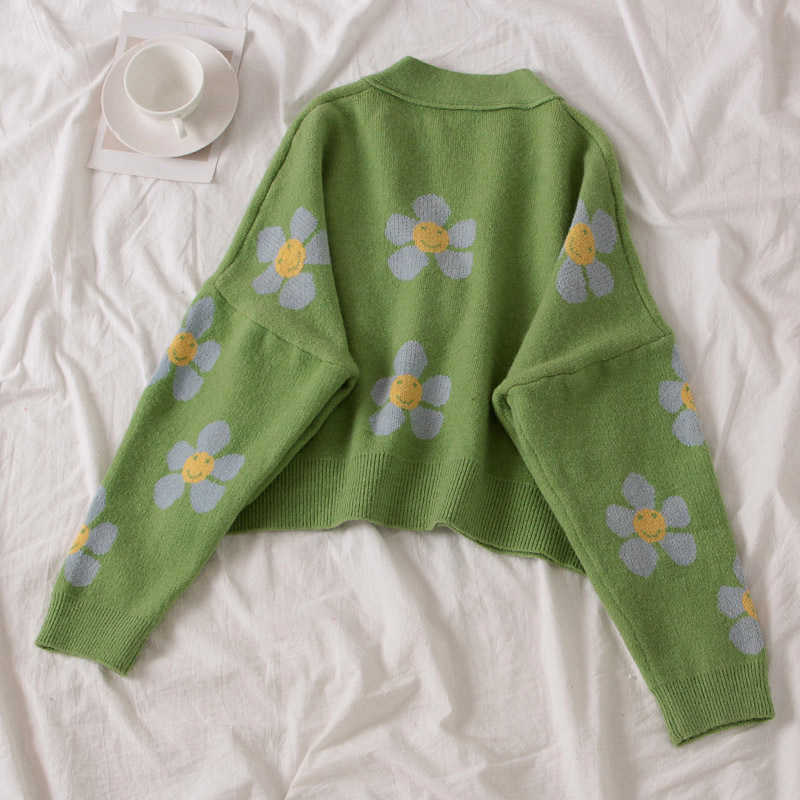 Women cardigan Female Sweaters Cute Light Green Symbol Life Vintage Sweater Spring Sweaters with Flower Print Women Tops T200821