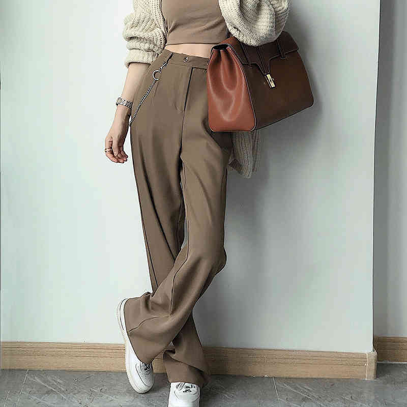 FORYUNSHES Women White Wide Leg Suit Pants Korean High Waist Loose Casual Straight Trousers Chains Aesthetic Office Clothes 210523 Z260314